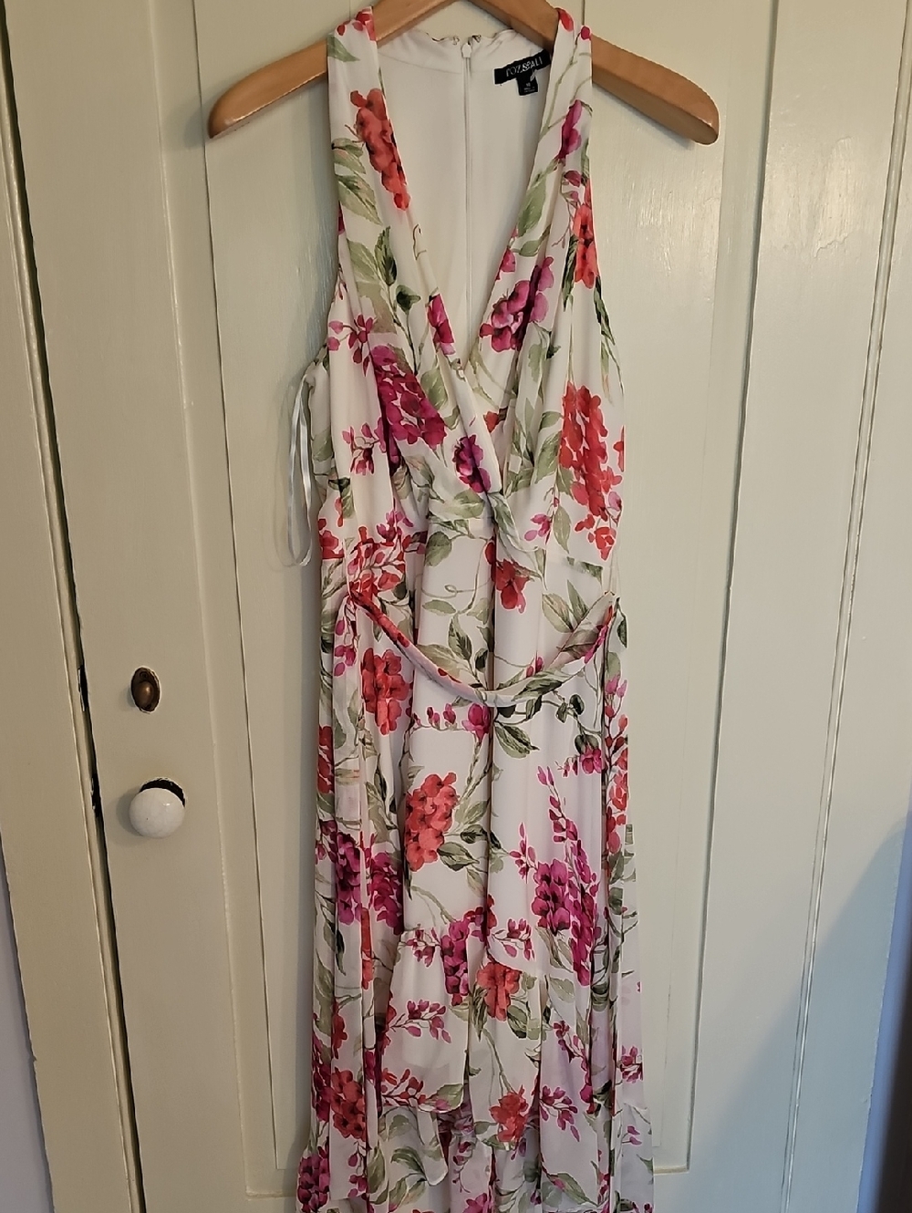 Express Floral Wrap Maxi Dress in White with Pink and Coral